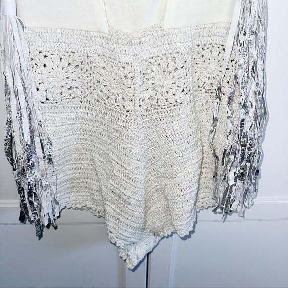Free People Electric Crochet White Romper Boho Suede/Leather Fringe Medium - Picture 13 of 16